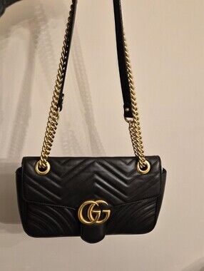 Gucci GG Marmont Medium Black Matelassé Leather Shoulder Bag Gold Hardware COA